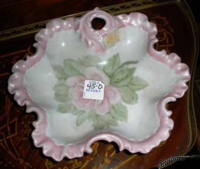 Hand painted pink flowers scalloped dish with handle