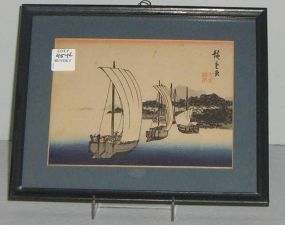 Small black framed oriental picture boats in water