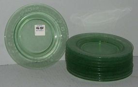 11 green depression glass etched plates