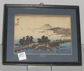 Small black framed oriental picture bridge over water