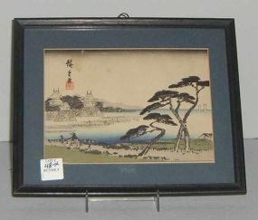 Small black framed oriental picture  trees & houses