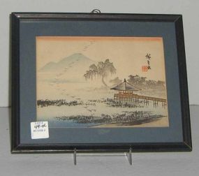 Small black framed oriental picture water & birds