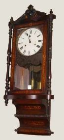 Hanging Tablet Wall Clock, Ornate Carved Crown w/Parquet Inlay Around Door Frame