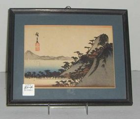 Small black framed oriental picture mountains & water