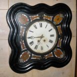 French Baker's Clock, Square Ebonized Frame w/Mother of Pearl and Brass and Wood Inlays Surrounding Face