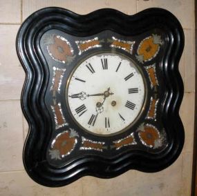 French Baker's Clock, Square Ebonized Frame w/Mother of Pearl and Brass and Wood Inlays Surrounding Face