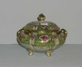 Nippon 3 handled covered dish with pink flowers & gold trim