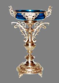 Large Silver Plated Centerpiece w/Cherubs and Sapphire Glass Insert Bowl