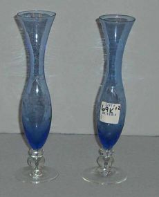 Pair of blue grape engraved bud vases
