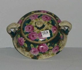 Covered 3 footed dish with gold beading & pink flowers
