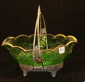 Silver Holder for Flowers with Oval Green Bowl