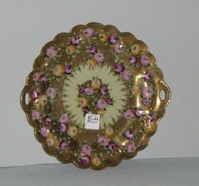 Nippon double handle plate with gold beading pink & yellow flowers