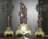 French 3 Piece Bronze w/Onic Vase, Clock Set by B. Rouchon