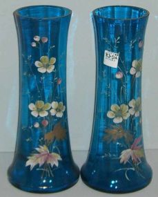 Pair of blue paneled vase with enameled flowers