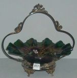 Iridescent Green Enameled Bride's Basket - Adelphia Silver Plating Co