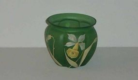 Small hand painted flower Loetz green bowl