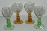4 goblets with grape etched tops & colored stems