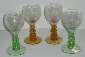 4 goblets with grape etched tops & colored stems