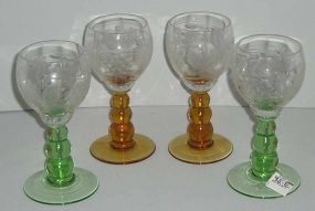 4 goblets with grape etched tops & colored stems