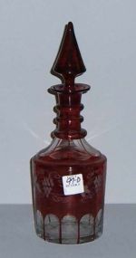 Cranberry decanter with etched grapes