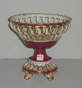 Old  Paris reticulated center bowl on pedestal base red, gold, & white