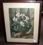 Framed picture of vase of flowers & toy wood horse