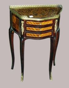 Pair of French Marquetry Inlaid 3 Drawer Stands with Brass Gallery & Ormolu