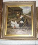 Oil on Canvas Barnyard Scene