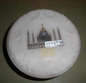 Round alabaster jewelry box with inlaid design