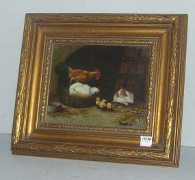 Gold Gilt Frame Oil on Canvas Barnyard Scene