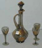 Handled Green Decanter w/Bright Gold Floral Decoration and Three Matching Glasses