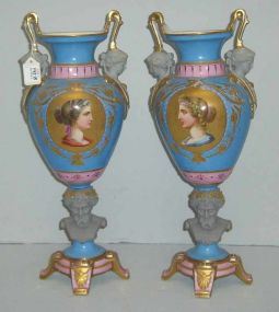 Pair of Old Paris Portrait Vases, Blue Background w/Pink and Gold Decoration and Gray Bisque Applications