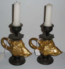 Pair of Bronze Regency Gold & Black Boars Head Candlesticks