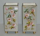 Pair Square Old Paris Vases, Floral Decoration w/Ball Feet