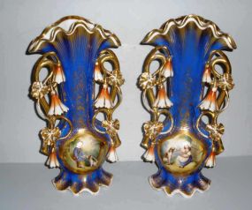Pair of blue & gold Old Paris vases with hanging flowers