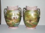 Pair of Old Paris pillow shape hunt scene vases pink & gold