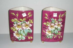 Pair of Triangle Old Paris Vases with Red Back Ground & Flowers