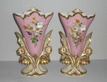 Pair of pink & gold Old Paris vases with side flowers & hand painted flowers