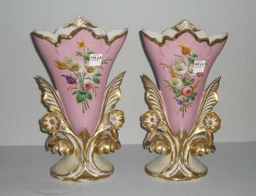 Pair of pink & gold Old Paris vases with side flowers & hand painted flowers