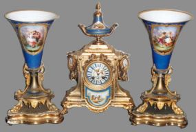 3 pc gilt bronze & Sevres Porcelain Pair of Scenic Decorated Vases with Clock