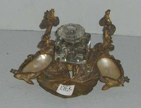 Brass leaf design inkwell with double oyster pear sides