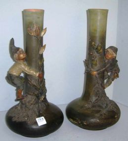 Pair Royal Dux Large Vases w/Applied Figural Boys Climbing Tree