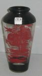 Glass Vase w/Black and Red Enameled Decoration