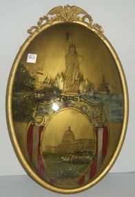 Oval reverse painting of Statue of Liberty in gold frame with eagle top