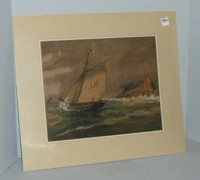 G. Hall Watercolor Matted Print of Sailboat In Water