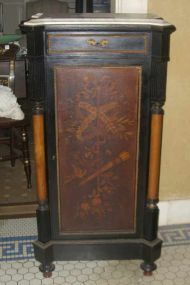 Mint julep cabinet with shaped white marble top ebonized cabinet with floral & bird