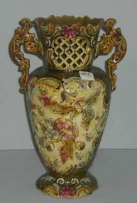 Majolica double handle vase with flowers open carved top