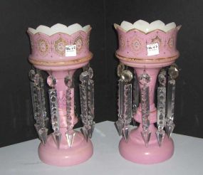 Pair pink enameled mantle lusters