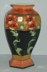 Hand painted France paneled vase with orange, gold, & black colors flowers & leaves
