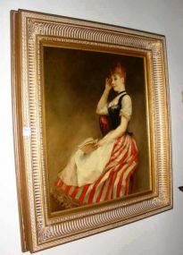 Gilt framed oil on canvas of showgirl